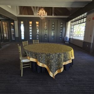 Overlay embroidery swirl 90 x 90 square table topper gold.